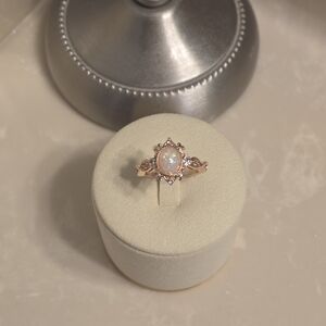 Opal and Rose Gold Halo Ring - White Opal Accent Size 7.5